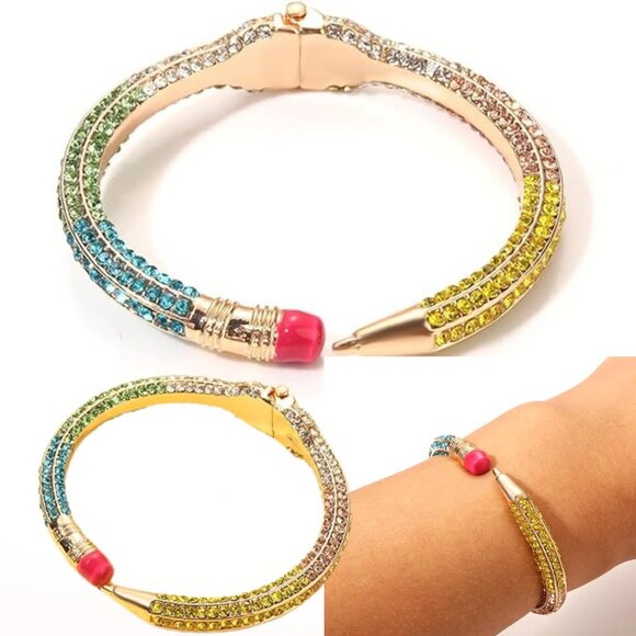 NEW Teacher Gifts Pencil School Rhinestone Gold Dipped Hinged Bangle Bracelet - Picture 2 of 5